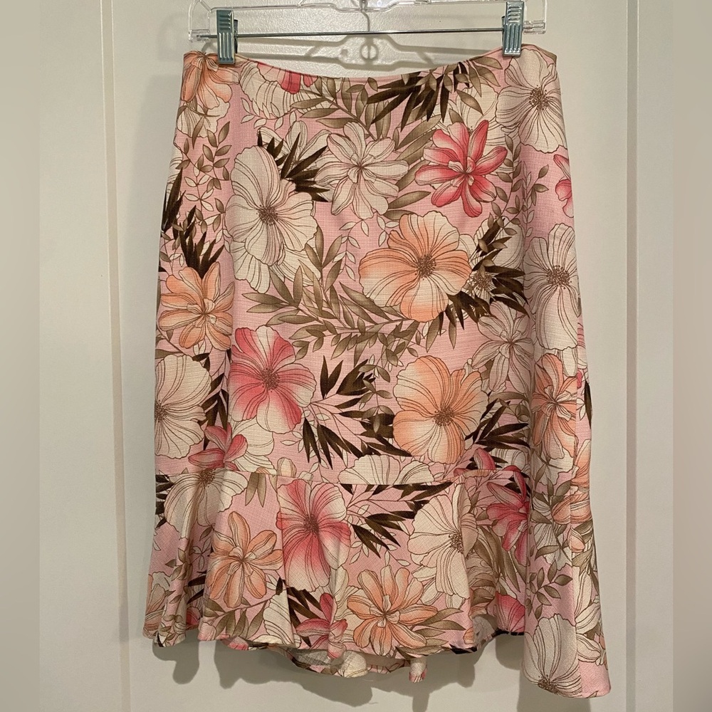 LOFT Tropical A-Line Skirt in Pink/Brown, size 8, vintage silk/cotton blend
